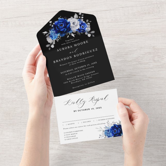 Invitación Todo En Uno Azul Real Blanco Plateado Metálico Floral Boda Al (desgarro)