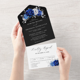 Invitación Todo En Uno Azul Real Blanco Plateado Metálico Floral Boda Al
