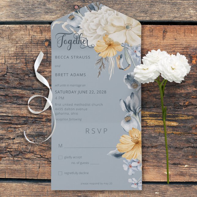 Invitación Todo En Uno Azul Rústico Amarillo y Azul Floral Blanco Sin Cen (Rustic Blue Yellow & White Floral Blue All In One Wedding Invitation without Dinner Options)