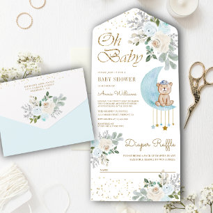 Invitación Todo En Uno Azul Suave Floral Luna Osito De Peluche Bebé Cumpl