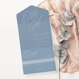 Invitación Todo En Uno Azul turbio Script Watermark Monogram Boda