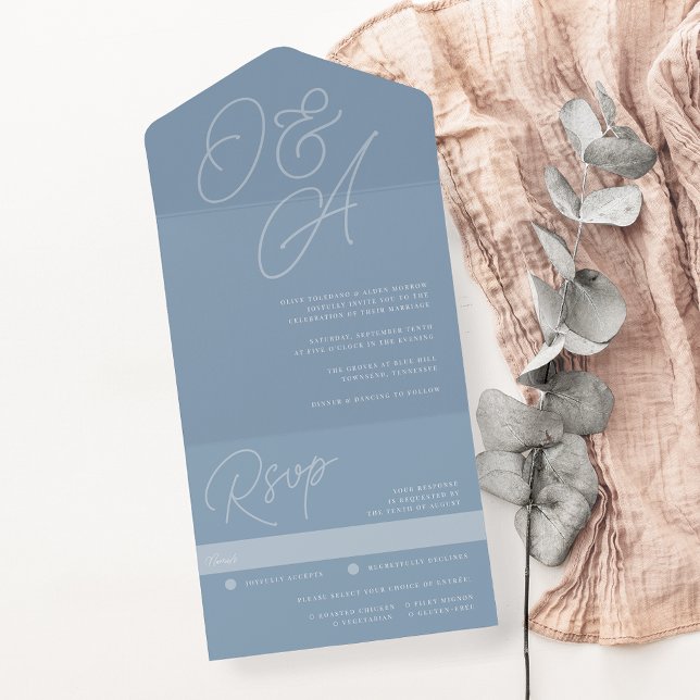 Invitación Todo En Uno Azul turbio | Script Watermark Monogram Boda (Subido por el creador)