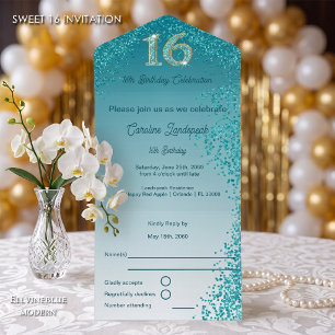 Invitación Todo En Uno Azul Turquesa Glitter Caligrafía Número Dulce 16