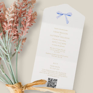 Invitación Todo En Uno Azul y blanco   Boda de cinta de moda O