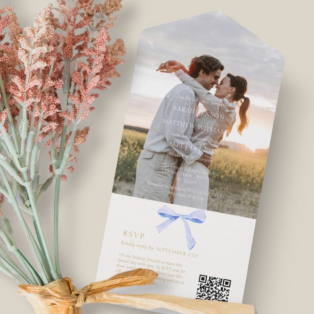 Invitación Todo En Uno Azul y blanco | Boda de cinta de moda O (Subido por el creador)