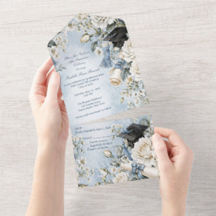 Invitación Todo En Uno Azul y Blanco Floral Enterizo de Graduación