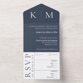 Invitación Todo En Uno Azul y blanco-moderno-Monograma-Boda-