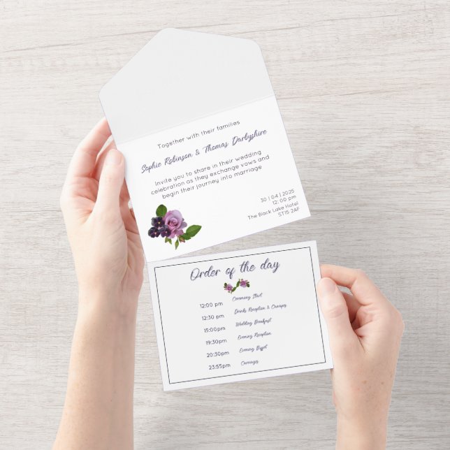 Invitación Todo En Uno Azul y púrpura floral  (desgarro)