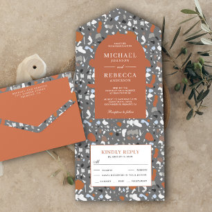Invitación Todo En Uno Azulejo de Terracota Moderno de Terrazzo Gris Boda