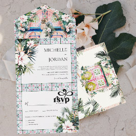 Invitación Todo En Uno Azulejos Florales | Boda Tropical Marroquí