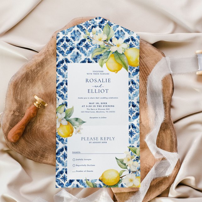 Invitación Todo En Uno Azulejos mediterráneos azules Boda limón italiano (Subido por el creador)