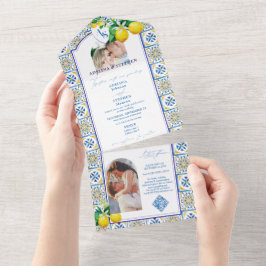 Invitación Todo En Uno Azulejos mediterráneos azules Italia Escudo Boda d