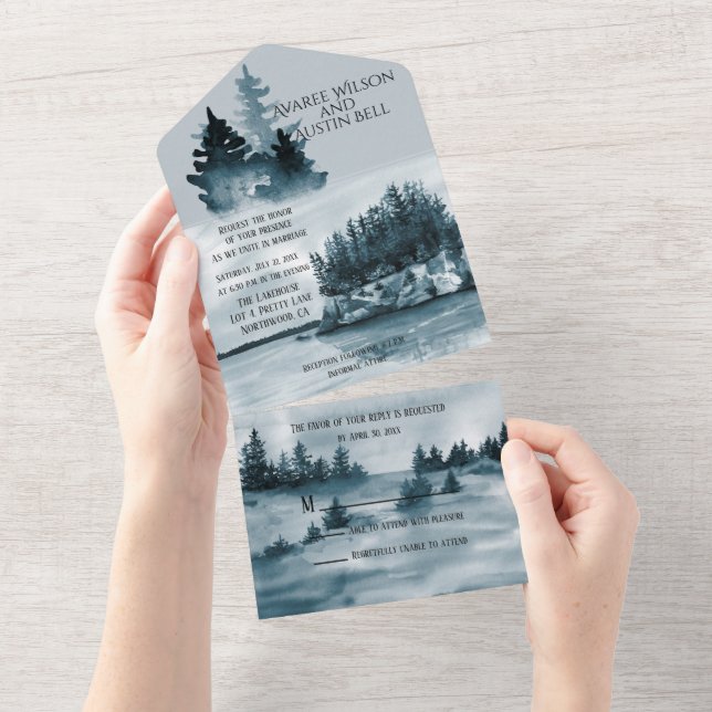 Invitación Todo En Uno Azules de Acuarela en la Casa del Lago (desgarro)