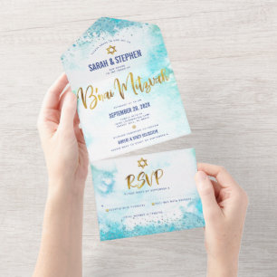 Invitación Todo En Uno B’nai Mitzvah acuarela turquesa con escritura dora