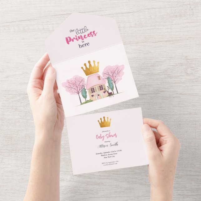 Invitación Todo En Uno Baby Girl Pink Fairy Castle Princess Baby Shower (desgarro)
