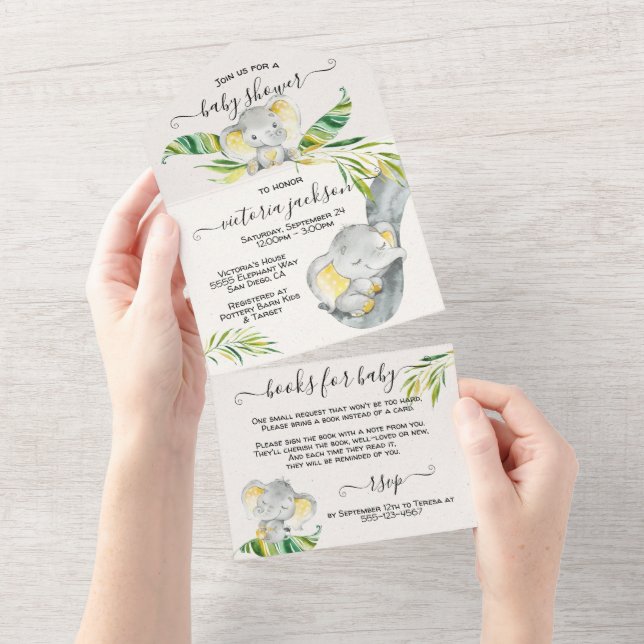 Invitación Todo En Uno Baby Jungle Elephant Baby Shower (desgarro)
