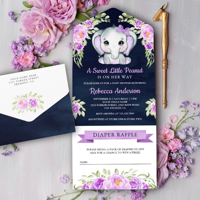 Invitación Todo En Uno Baby Shower azul de la Marina de los Elefantes Flo (Subido por el creador)