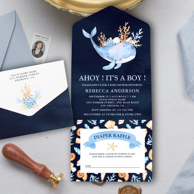 Invitación Todo En Uno Baby Shower azul de la marina náutica de ballena a (Subido por el creador)