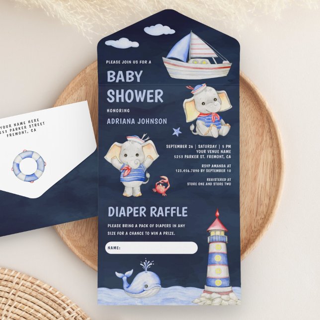 Invitación Todo En Uno Baby Shower azul de la marina náutica de elefante  (Subido por el creador)
