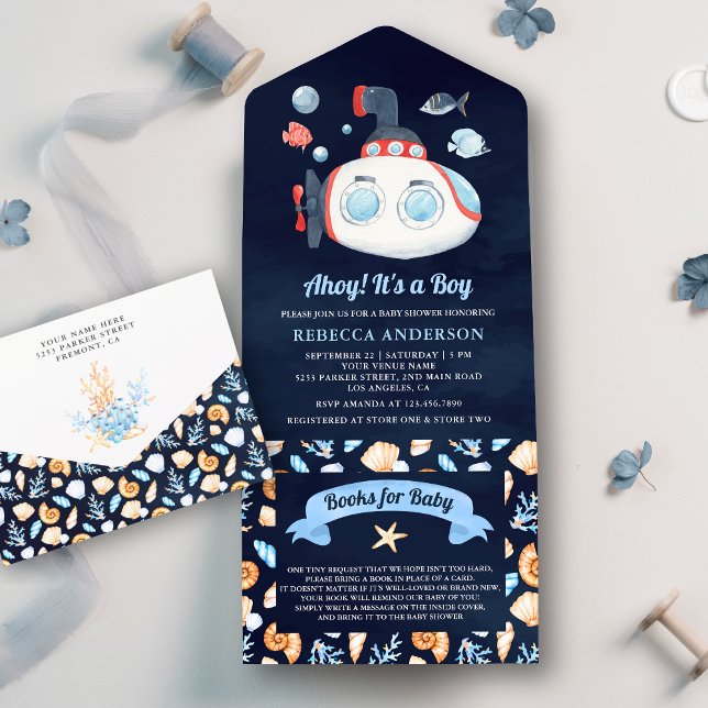 Invitación Todo En Uno Baby Shower azul de la marina náutica submarina (Subido por el creador)