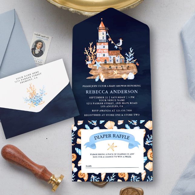 Invitación Todo En Uno Baby Shower azul de la Marina Rustica de Faro Náut (Subido por el creador)