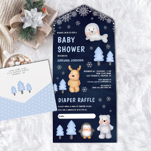 Invitación Todo En Uno Baby Shower Azul Marino Animales Árticos de Invier