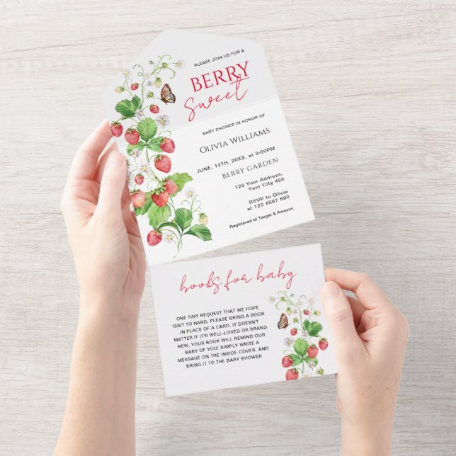 Invitación Todo En Uno Baby Shower Berry Sweet Strawberry (desgarro)
