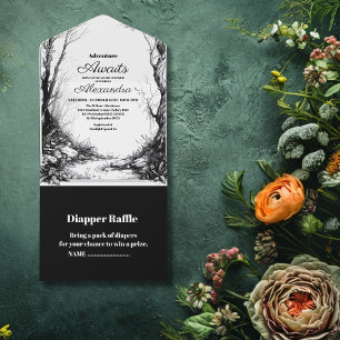Invitación Todo En Uno Baby Shower Black White Rustic Woodland Adventure