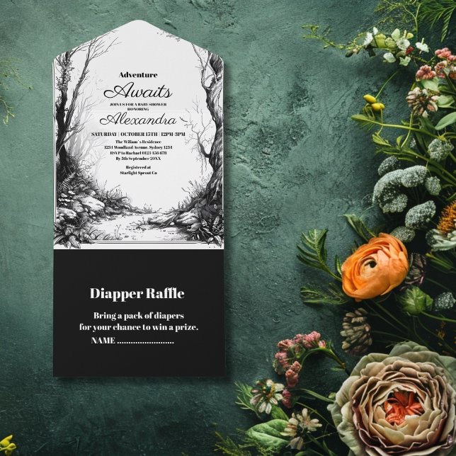 Invitación Todo En Uno Baby Shower Black White Rustic Woodland Adventure (Subido por el creador)