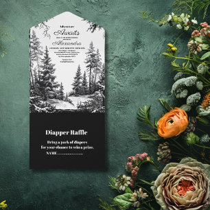 Invitación Todo En Uno Baby Shower Black White Woodland Adventure