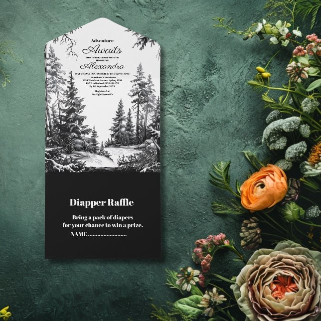 Invitación Todo En Uno Baby Shower Black White Woodland Adventure (Subido por el creador)