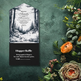 Invitación Todo En Uno Baby Shower Black White Woodland Adventure