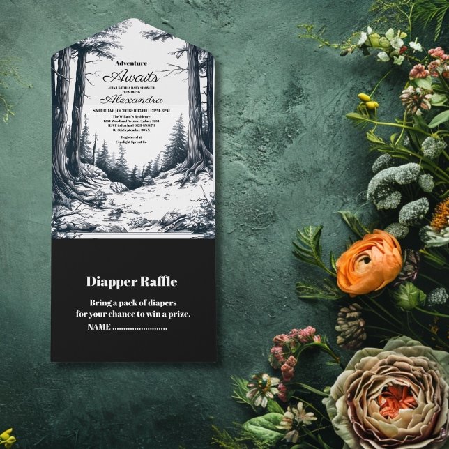 Invitación Todo En Uno Baby Shower Black White Woodland Adventure (Subido por el creador)