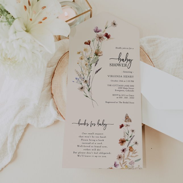 Invitación Todo En Uno Baby Shower Boho All In One Invite (Wildflower Baby Shower Boho All In One Invite with Butterfly by Painted Paperie
)