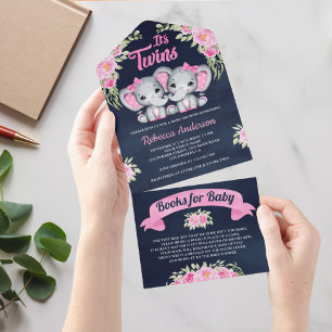 Invitación Todo En Uno Baby Shower: Chicas gemelos de elefantes florales 