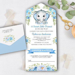 Invitación Todo En Uno Baby Shower Cute Blue Floral Elephant