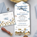 Invitación Todo En Uno Baby Shower de avión azul retro vintage<br><div class="desc">Sorprenda a sus huéspedes con esta elegante ducha de bebé que incluye un hermoso avión entre nubes con una tarjeta de raffile de pañales desmontable. Simplemente agregue los detalles de su evento en esta plantilla fácil de usar para convertirla en una invitación única.</div>