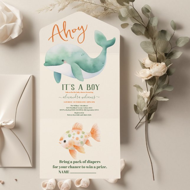Invitación Todo En Uno Baby Shower de ballena acuática bajo el mar (Subido por el creador)