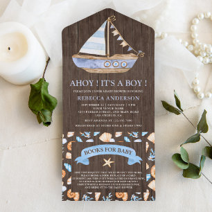 Invitación Todo En Uno Baby Shower de barco de vela ruso Nautical Wood