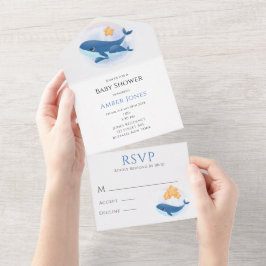 Invitación Todo En Uno Baby Shower de Cute Blue Whale Yellow Stars