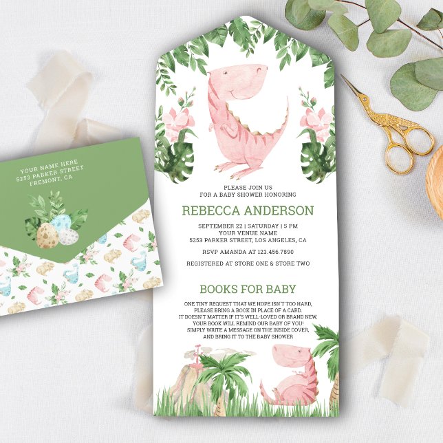 Invitación Todo En Uno Baby Shower de dinosaurio rosa floral de selva rus (Subido por el creador)