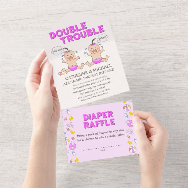Invitación Todo En Uno Baby Shower de doble problema para Chicas gemelos (desgarro)