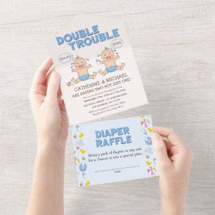 Invitación Todo En Uno Baby Shower de doble problema para niños gemelos