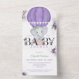 Invitación Todo En Uno Baby Shower de elefante morado de globo aerostátic