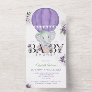 Invitación Todo En Uno Baby Shower de elefante morado de globo aerostátic