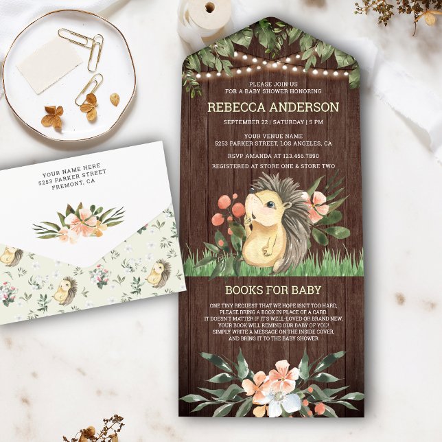 Invitación Todo En Uno Baby Shower de Erizo Rústico de Madera (Subido por el creador)
