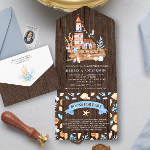 Invitación Todo En Uno Baby Shower de faro náutico de madera rústica
