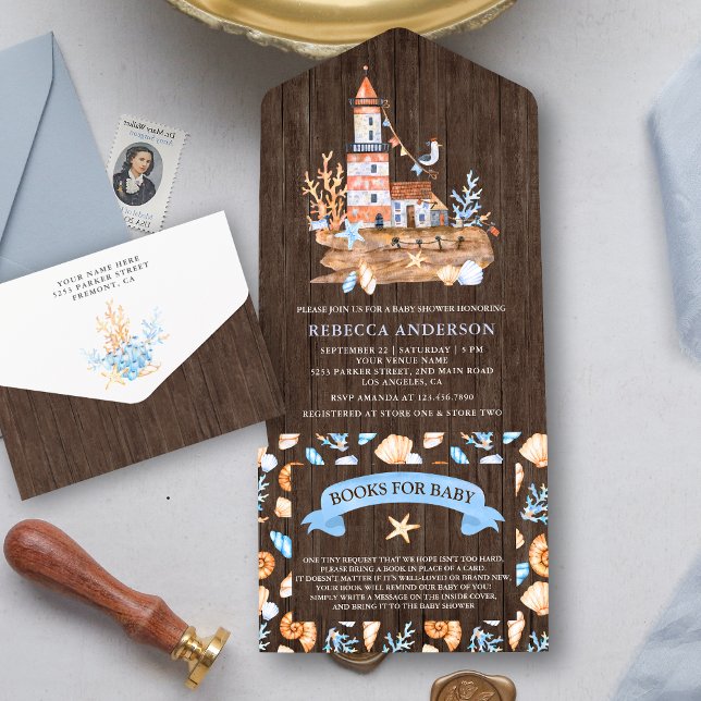 Invitación Todo En Uno Baby Shower de faro náutico de madera rústica (Subido por el creador)