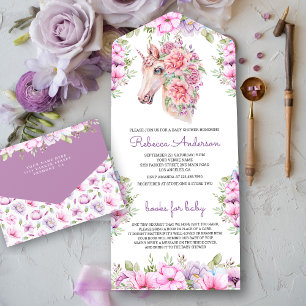Invitación Todo En Uno Baby Shower de flores moradas rosa Unicornio Bonit
