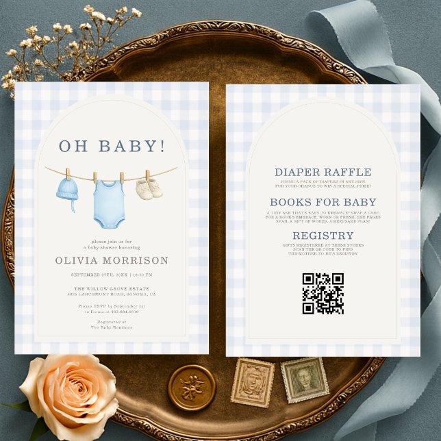 Invitación Todo en Uno Baby Shower de Gingham Azul (Subido por el creador)